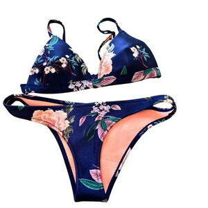 Triangl Women's Blue Floral Print Swimwear Bikini Set Size Small